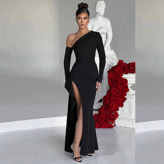 Slant Off-Shoulder High-Slit Evening Dress