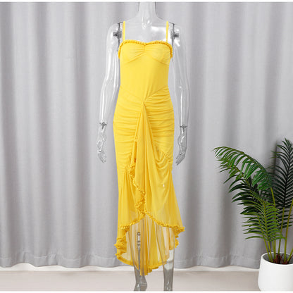 Women Elegant Irregular Ruffles Hem Pleated Sling Maxi Dress Sexy Sleeveless Backless Slim Robes 2024 Lady Evening Party Dresses