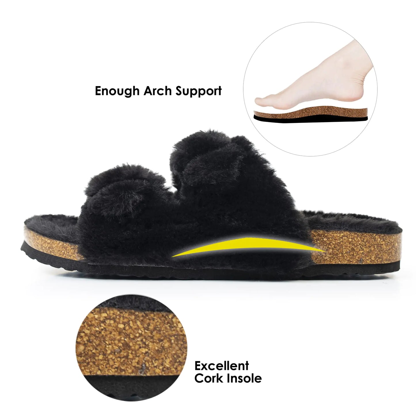 FITORY Womens Open Toe Slipper with Cozy Lining,Faux Rabbit Fur Cork Slide Sandals Size 6-11 7 Black