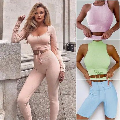 Backless Bra Strap Vest High Waist Leggings Shorts Fashion Sportswear