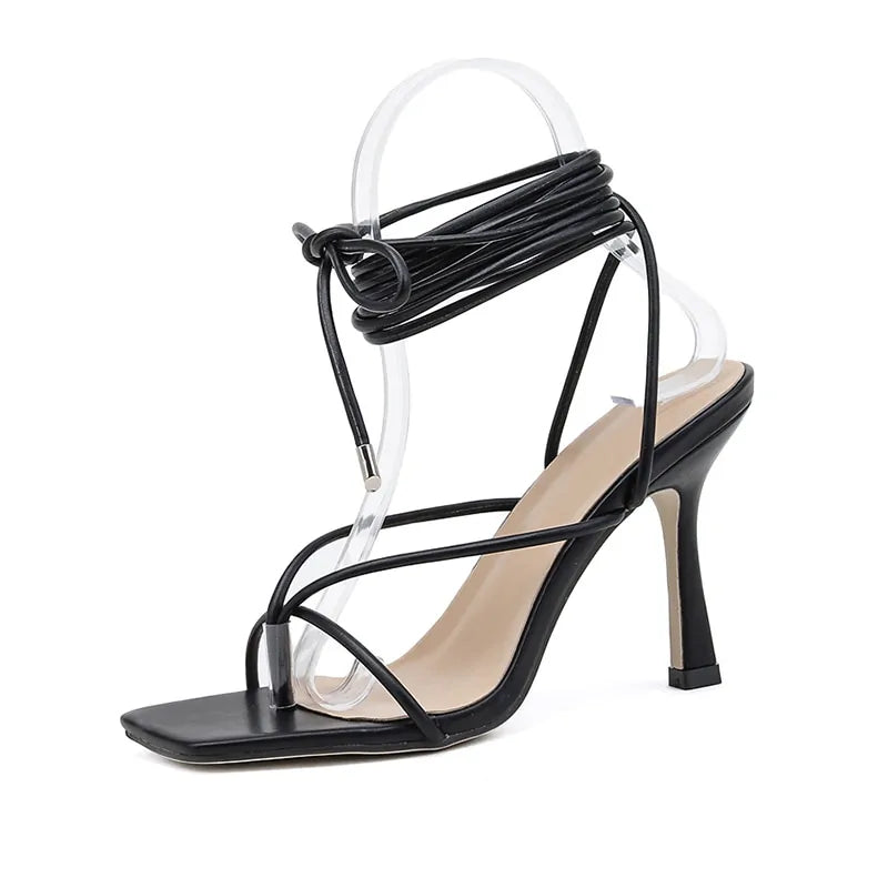 Vintage Square Toe High Heel Cross Strap Sandals for Women