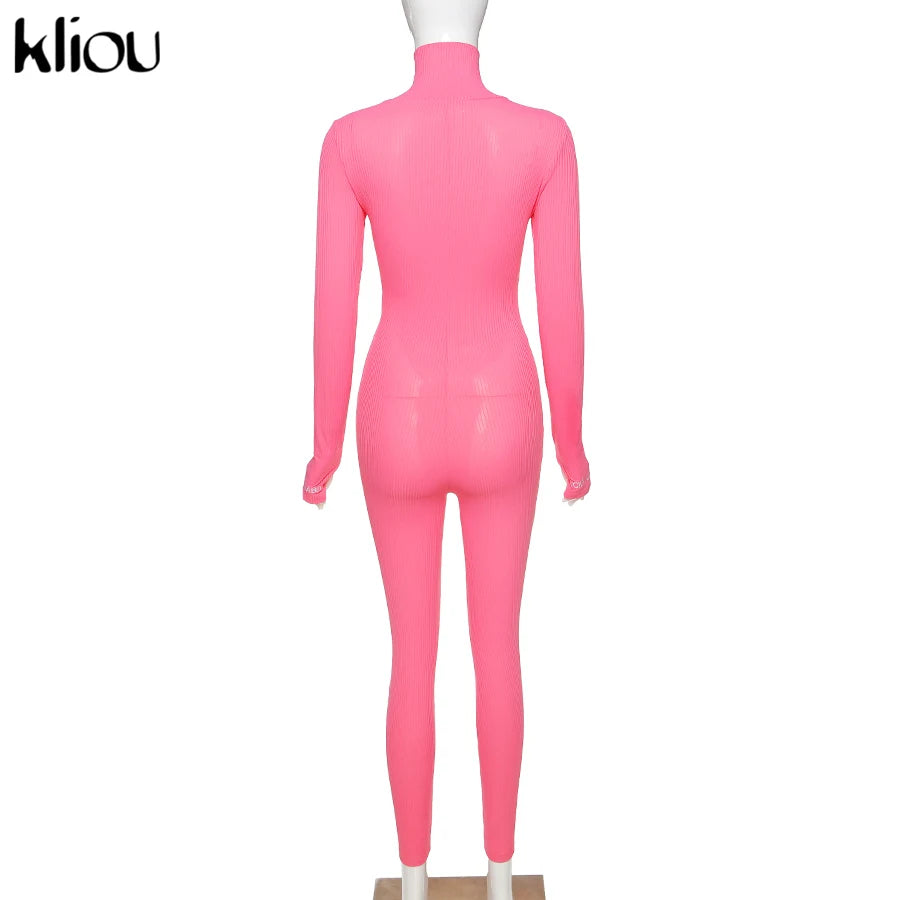 Kliou solid turtleneck full sleeve jumpsuits classic one piece women fitness slim rompers zipper long overall skinny jogger