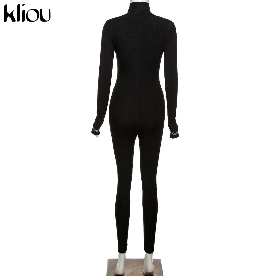 Kliou solid turtleneck full sleeve jumpsuits classic one piece women fitness slim rompers zipper long overall skinny jogger