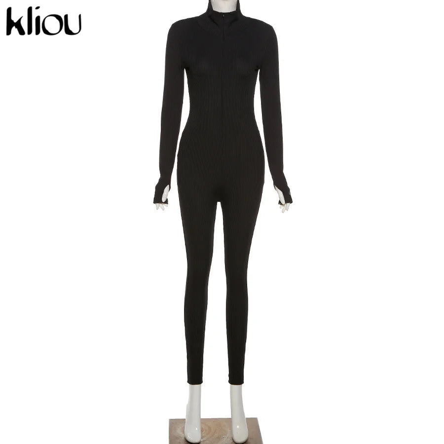 Kliou solid turtleneck full sleeve jumpsuits classic one piece women fitness slim rompers zipper long overall skinny jogger