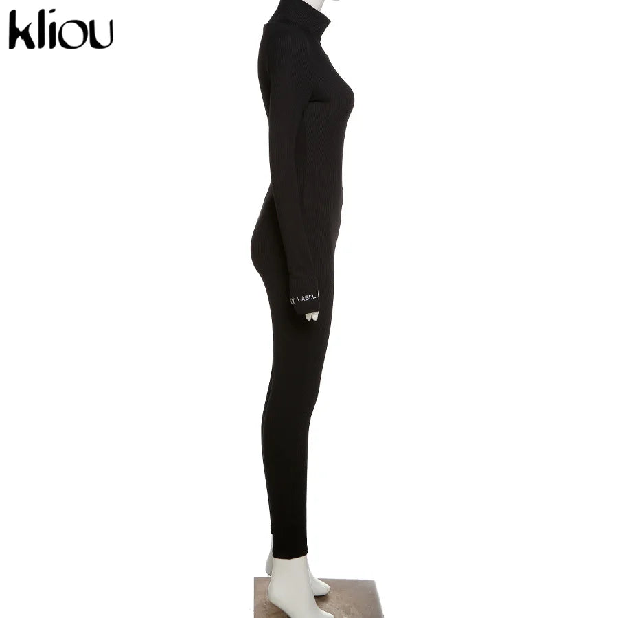 Kliou solid turtleneck full sleeve jumpsuits classic one piece women fitness slim rompers zipper long overall skinny jogger