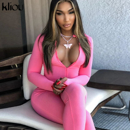 Kliou solid turtleneck full sleeve jumpsuits classic one piece women fitness slim rompers zipper long overall skinny jogger