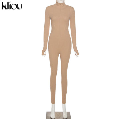 Kliou solid turtleneck full sleeve jumpsuits classic one piece women fitness slim rompers zipper long overall skinny jogger