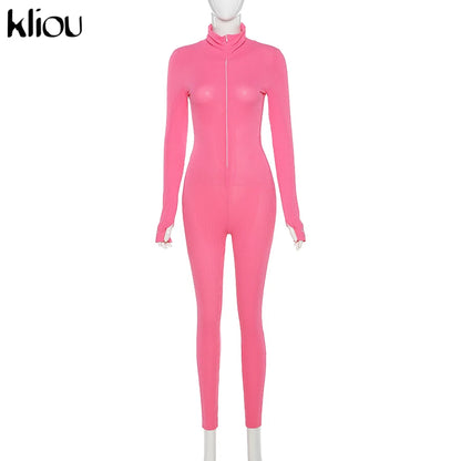 Kliou solid turtleneck full sleeve jumpsuits classic one piece women fitness slim rompers zipper long overall skinny jogger