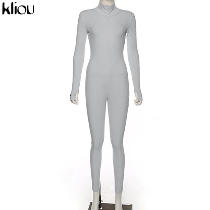 Kliou solid turtleneck full sleeve jumpsuits classic one piece women fitness slim rompers zipper long overall skinny jogger