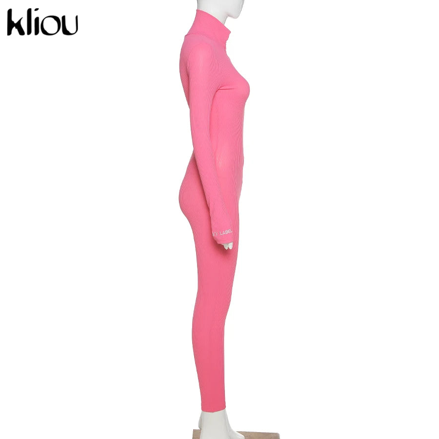 Kliou solid turtleneck full sleeve jumpsuits classic one piece women fitness slim rompers zipper long overall skinny jogger