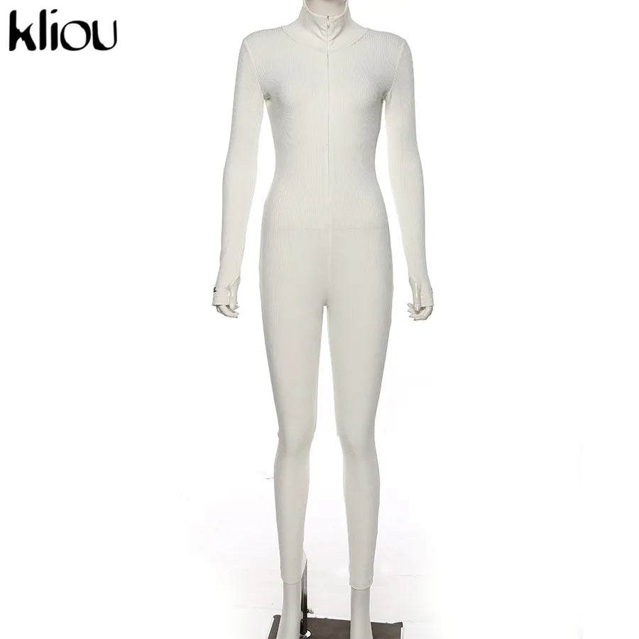 Kliou solid turtleneck full sleeve jumpsuits classic one piece women fitness slim rompers zipper long overall skinny jogger