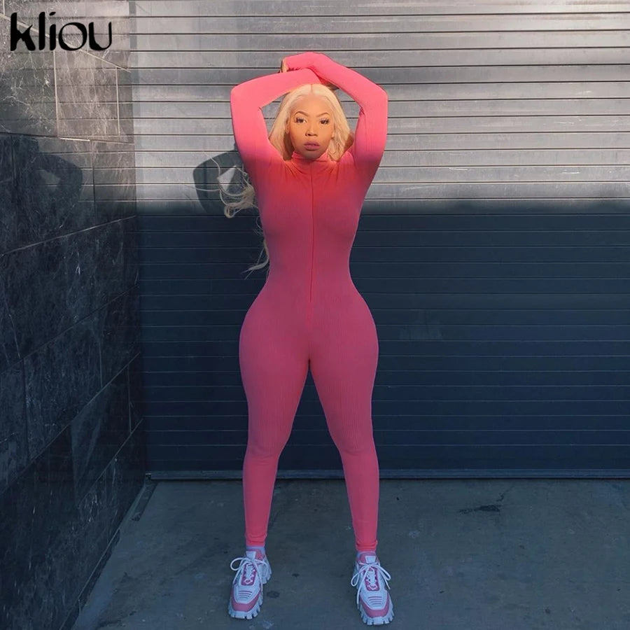 Kliou solid turtleneck full sleeve jumpsuits classic one piece women fitness slim rompers zipper long overall skinny jogger