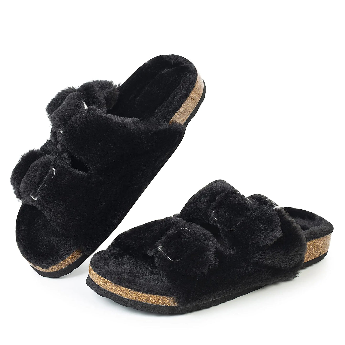 FITORY Womens Open Toe Slipper with Cozy Lining,Faux Rabbit Fur Cork Slide Sandals Size 6-11 7 Black