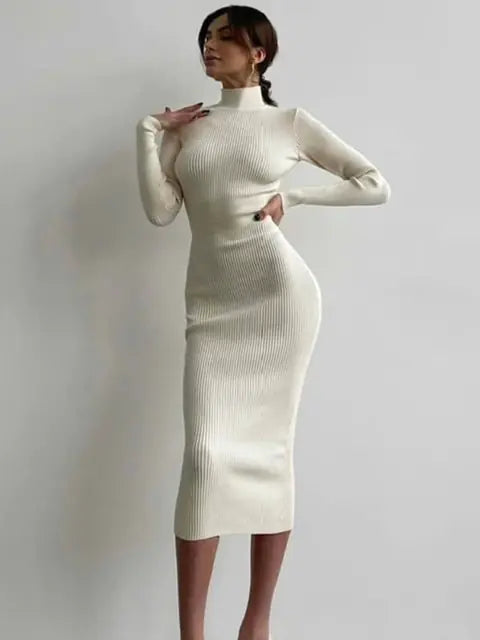 High-Neck Knitted Midi Dress