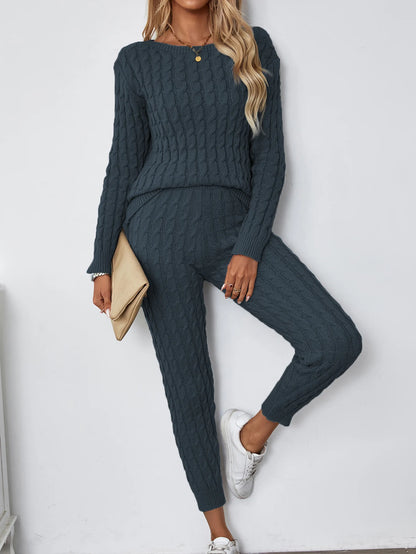 Solid Knitted Matching Two-piece Set  Casual Long Sleeve Sweater & Pants Outfits  Women's Clothing