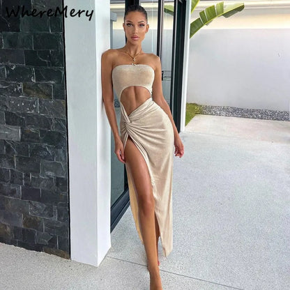 WhereMery Autumn Sexy Sleeveless Slit Dress Hollow Out Skinny Elegant Women Long Dresses 2024  Fashion Ladies Party Club Vestido