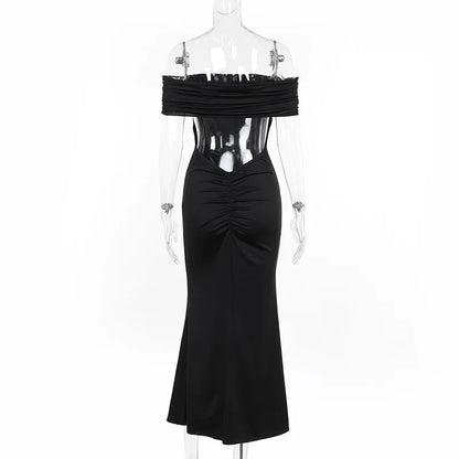 Mozision Strapless Backless Sexy Maxi Dress For Women Black Solid Off-shoulder Sleeveless Bodycon Club Party Long Dress Elegant