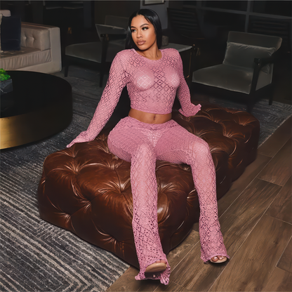 Sexy 2 Piece See Through Flare Pants Matching Sets