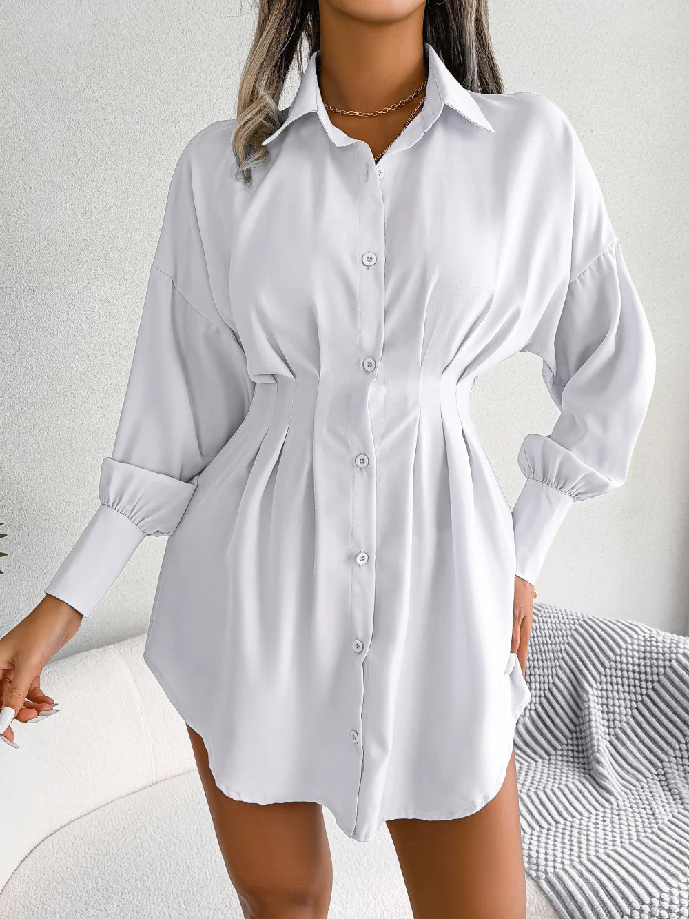 Women Casual Buttons Long Sleeve Shirt Dress Autumn 2023 Clothing White Blue Army Green