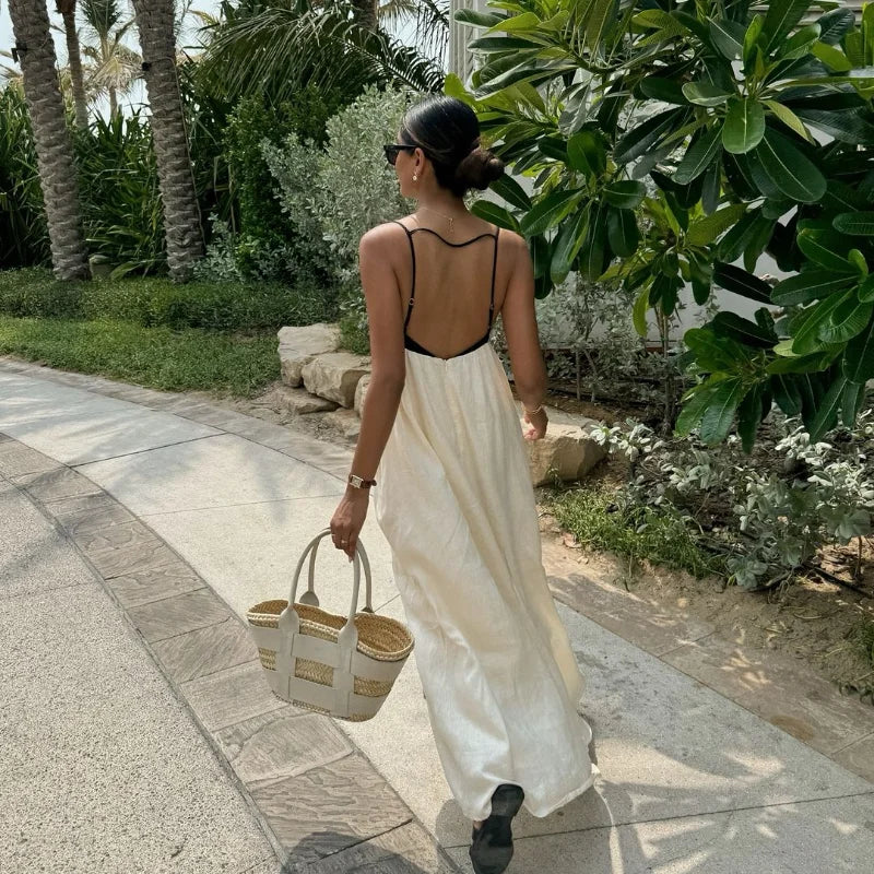 Fashion Contrasting Color Hollow Out Sling Maxi Dress Women Sexy Sleeveless Backless Loose Dresses 2024 Lady Casual Streetwear