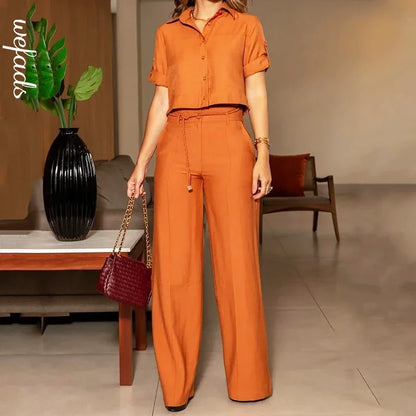 Wefads Two Piece Set Women Summer Casual Solid Lapel Single Breasted Button Short Sleeve Top With Belt Wide Legs Pants Set