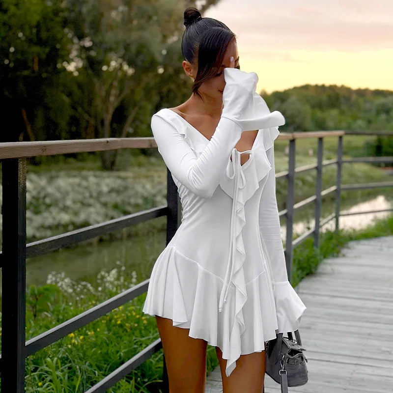 TARUXY White Deep V Neck Ruffled Dress For Women Long Flare Sleeve Autumn Fashion Beach Party Short Dresses Female Sexy Slim