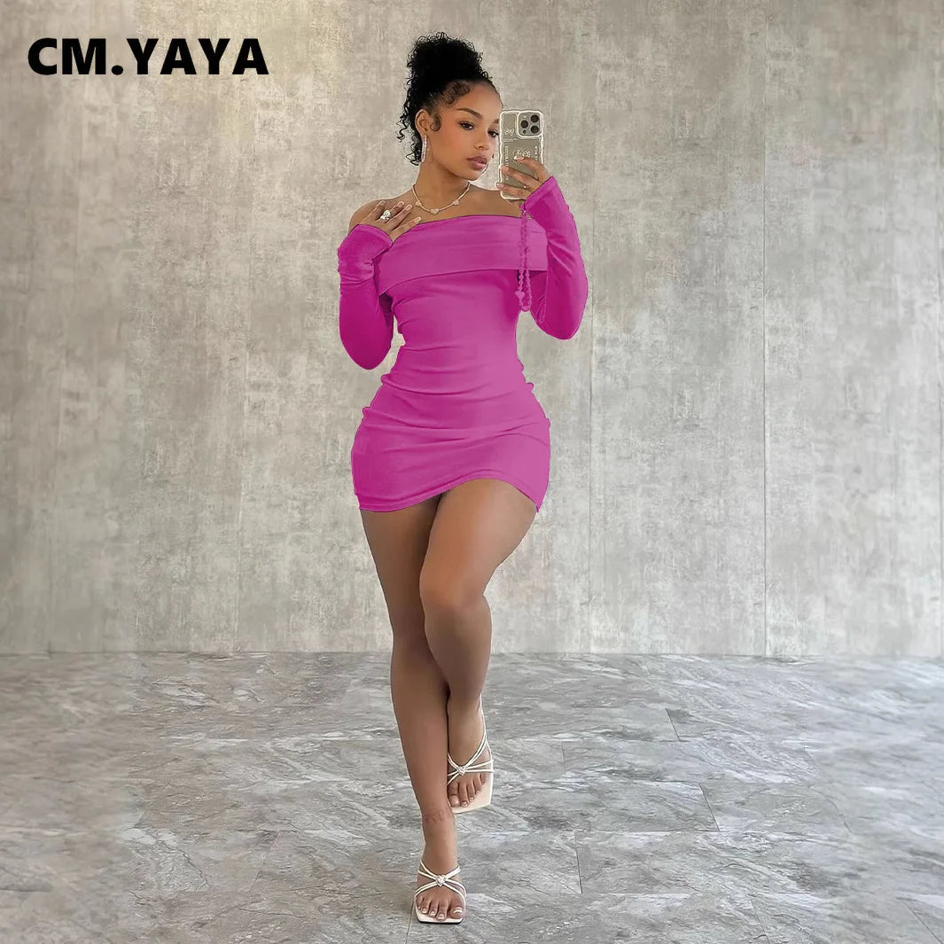 CM.YAYA 2024 Women Slash Neck Long Sleeve Ruched Mini Dress 2025 Winter Bodycon Sexy Streetwear Evening Night Club Party Dresses