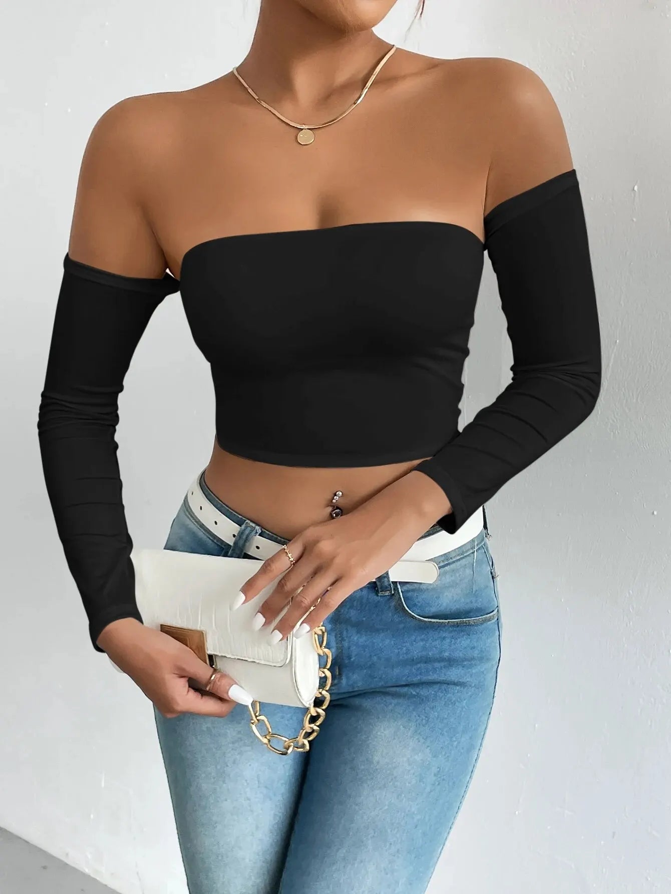 Women's Off Shoulder Long Sleeve Crop Top - Casual Spring/Fall Shirt