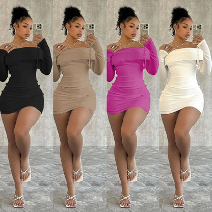 CM.YAYA 2024 Women Slash Neck Long Sleeve Ruched Mini Dress 2025 Winter Bodycon Sexy Streetwear Evening Night Club Party Dresses