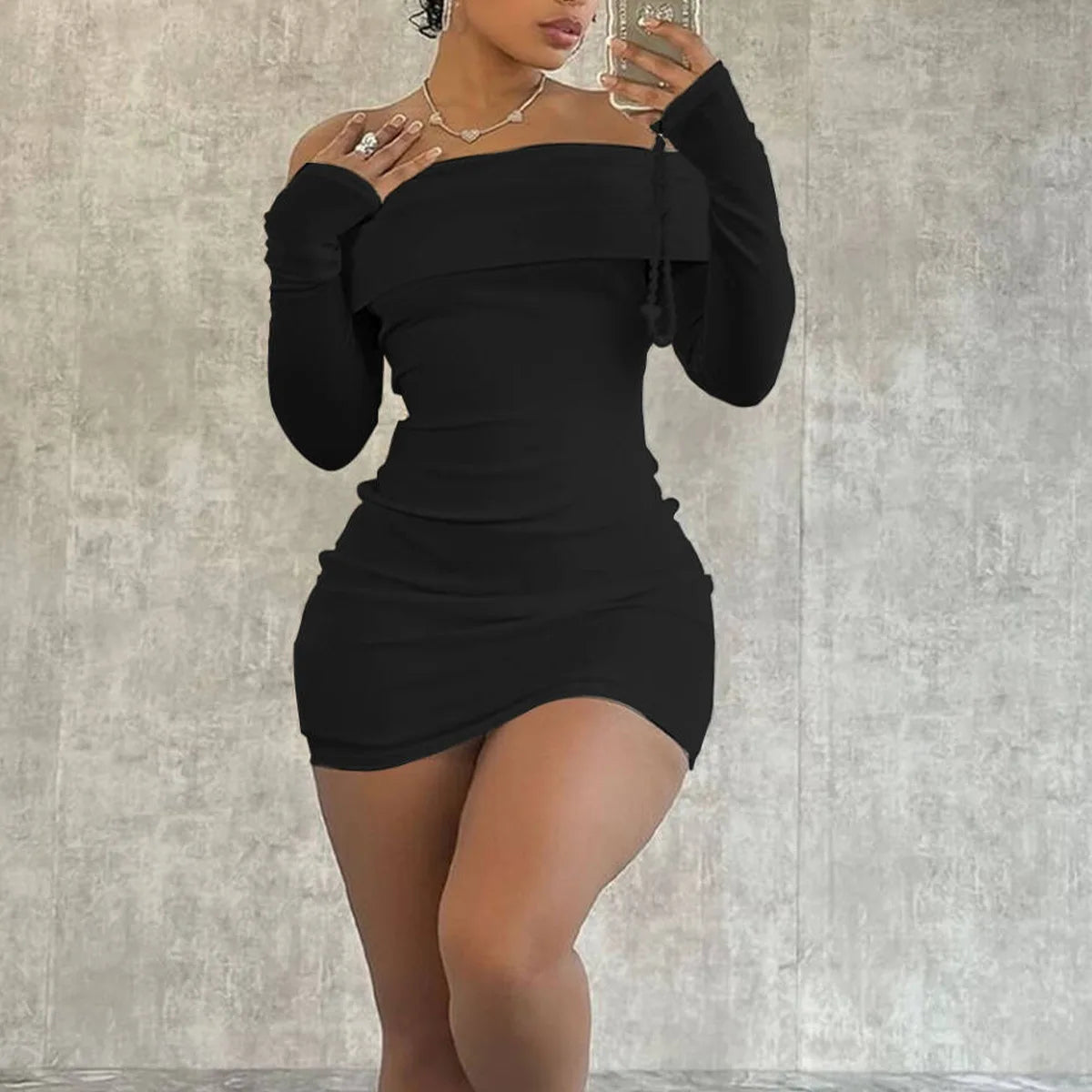 CM.YAYA 2024 Women Slash Neck Long Sleeve Ruched Mini Dress 2025 Winter Bodycon Sexy Streetwear Evening Night Club Party Dresses