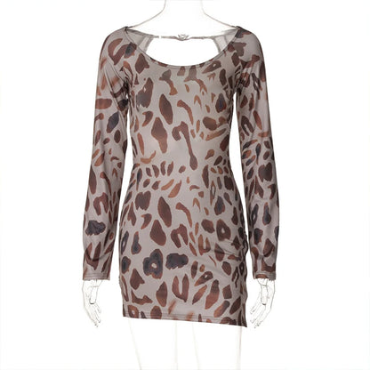 OMSJ New Open Back Leopard Print Wild Sexy Hottie Girls Dress Long Sleeve Hollow Crew Neck Sheath Mini Dress Autumn 2024 Outfits