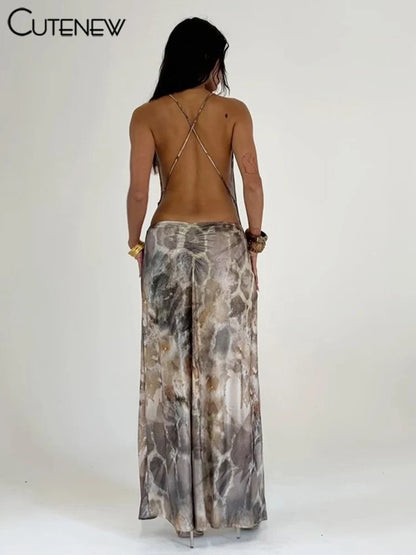 Cutenew Backless Women Dress Tie Dye Aesthetic Fashion Swinging Neck Cross Strap High Side Split Long Bodycon Elegant New Robe