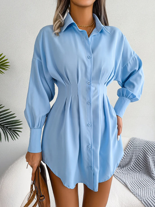 Women Casual Buttons Long Sleeve Shirt Dress Autumn 2023 Clothing White Blue Army Green