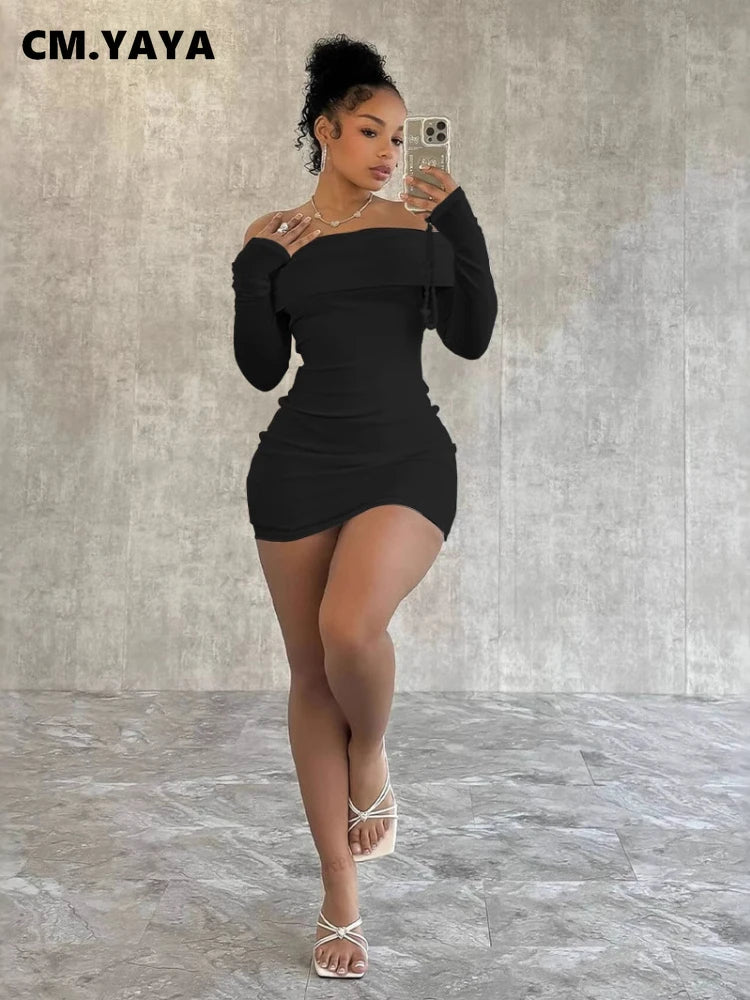 CM.YAYA 2024 Women Slash Neck Long Sleeve Ruched Mini Dress 2025 Winter Bodycon Sexy Streetwear Evening Night Club Party Dresses