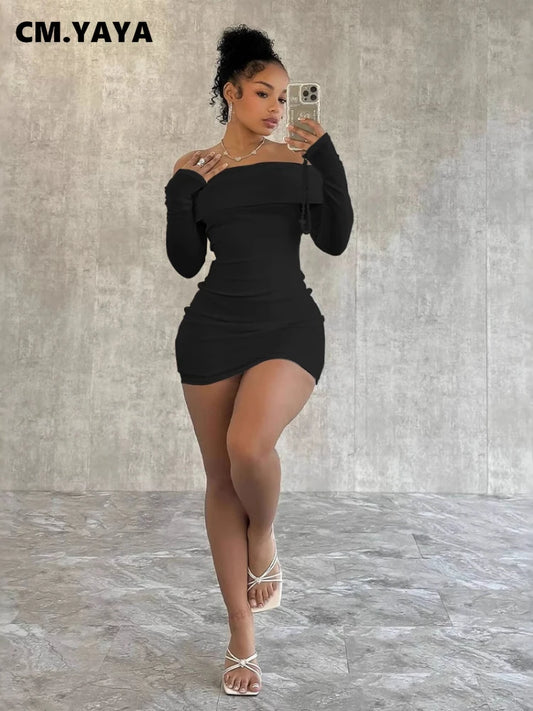 CM.YAYA 2024 Women Slash Neck Long Sleeve Ruched Mini Dress 2025 Winter Bodycon Sexy Streetwear Evening Night Club Party Dresses