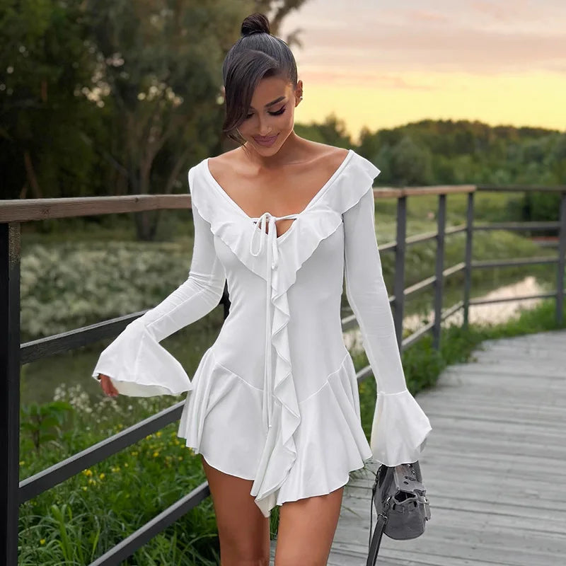 TARUXY White Deep V Neck Ruffled Dress For Women Long Flare Sleeve Autumn Fashion Beach Party Short Dresses Female Sexy Slim