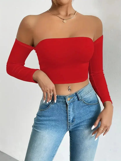 Women's Off Shoulder Long Sleeve Crop Top - Casual Spring/Fall Shirt