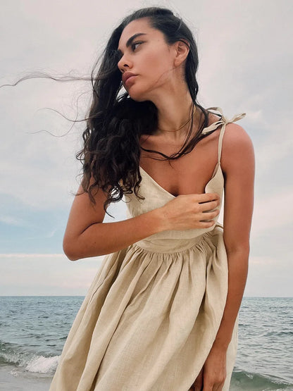 Bornladies Spring Summer Beach Style Women Dress Vintage Loose A-line Sling Dress Sexy Hot Girl 100% Cotton V-neck Dress