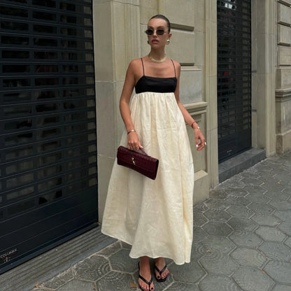 Fashion Contrasting Color Hollow Out Sling Maxi Dress Women Sexy Sleeveless Backless Loose Dresses 2024 Lady Casual Streetwear