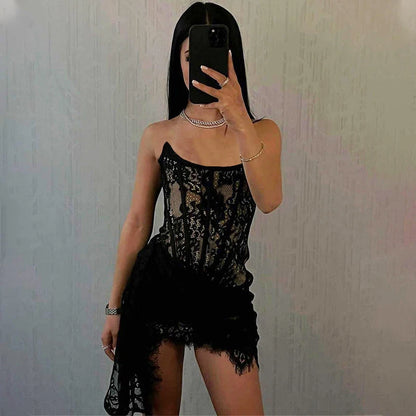 BIIKPIIK Lace Patchwork Sexy Women Dress Strapless Cut Out See Through Irregular Slim Fit Prom Dress Evening Party Club Fashion