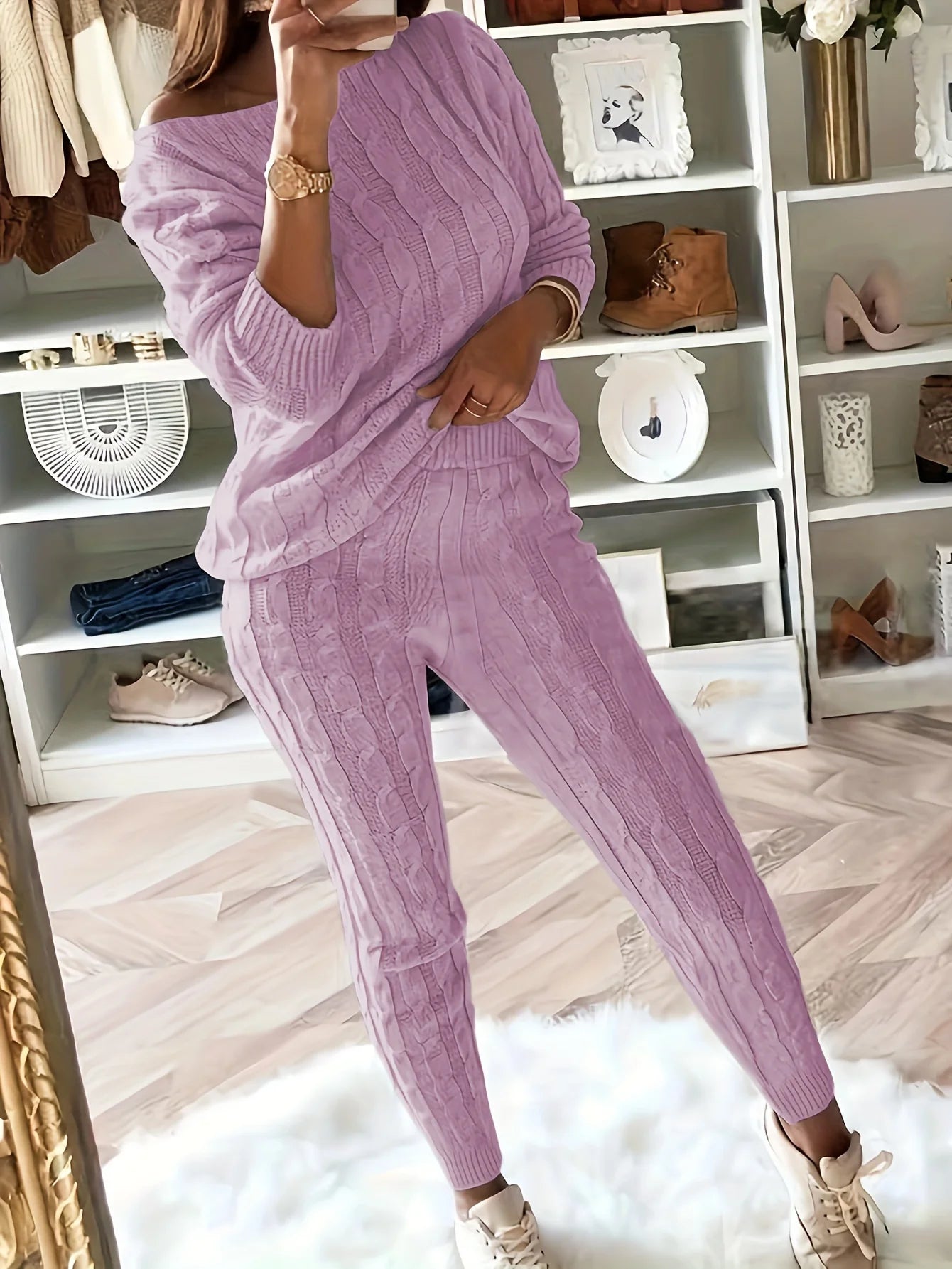 Solid Knitted Matching Two-piece Set  Casual Long Sleeve Sweater & Pants Outfits  Women's Clothing