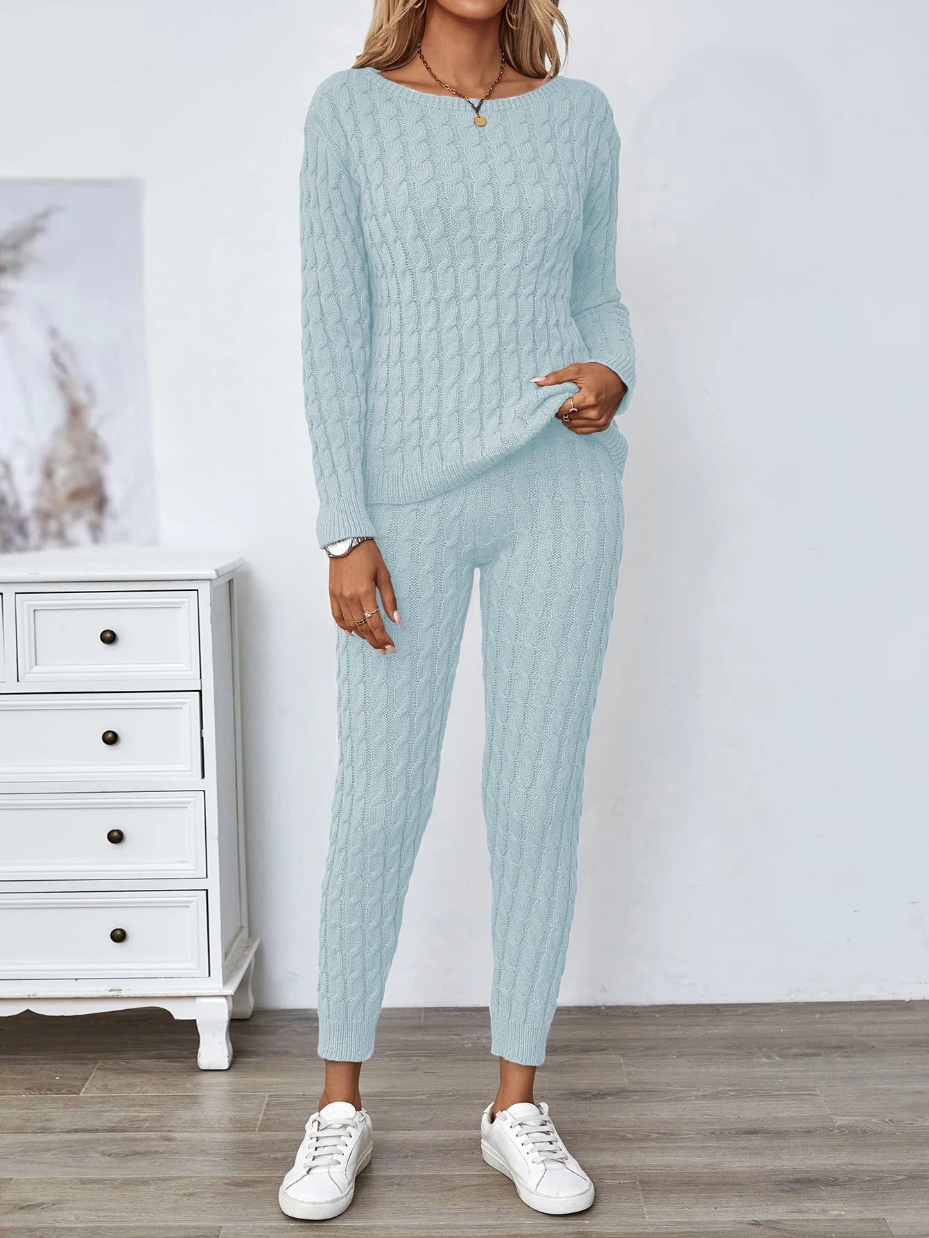 Solid Knitted Matching Two-piece Set  Casual Long Sleeve Sweater & Pants Outfits  Women's Clothing