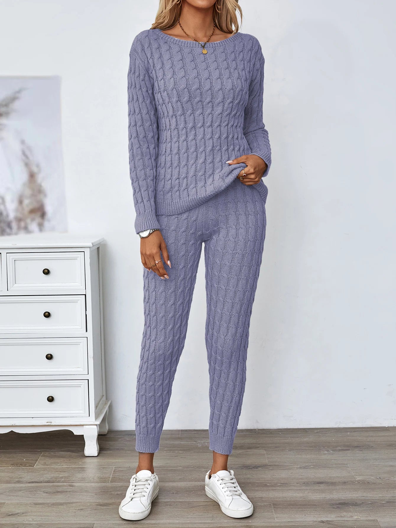 Solid Knitted Matching Two-piece Set  Casual Long Sleeve Sweater & Pants Outfits  Women's Clothing