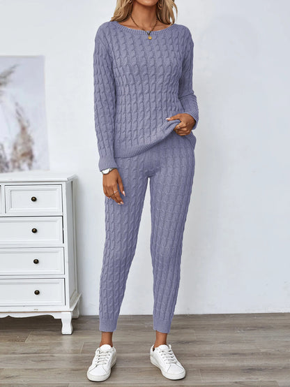 Solid Knitted Matching Two-piece Set  Casual Long Sleeve Sweater & Pants Outfits  Women's Clothing