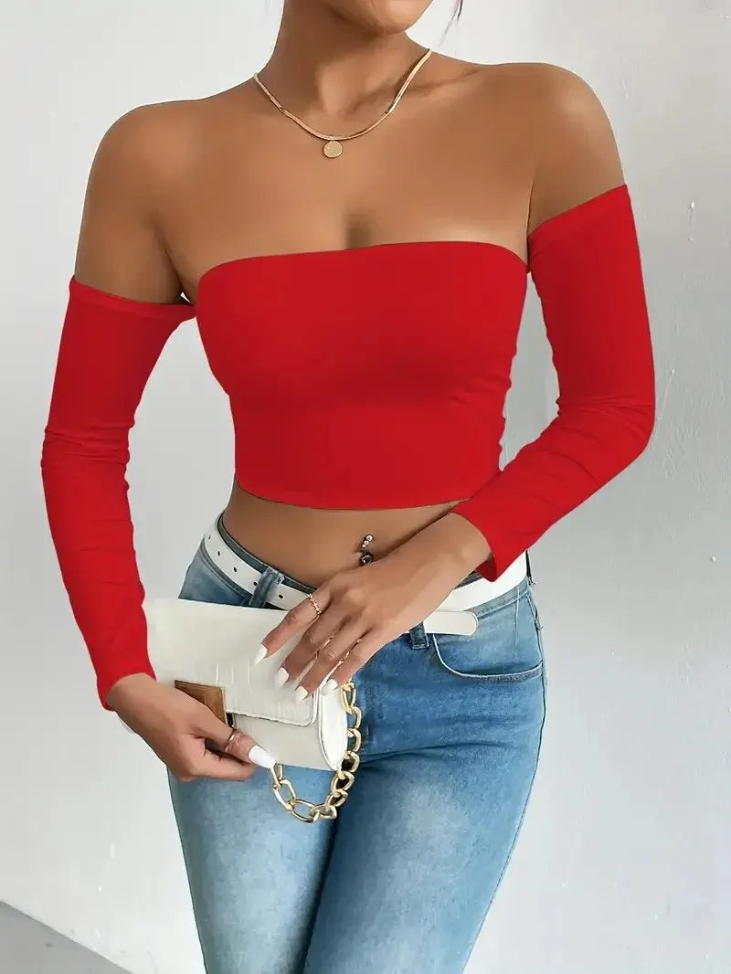 Women's Off Shoulder Long Sleeve Crop Top - Casual Spring/Fall Shirt