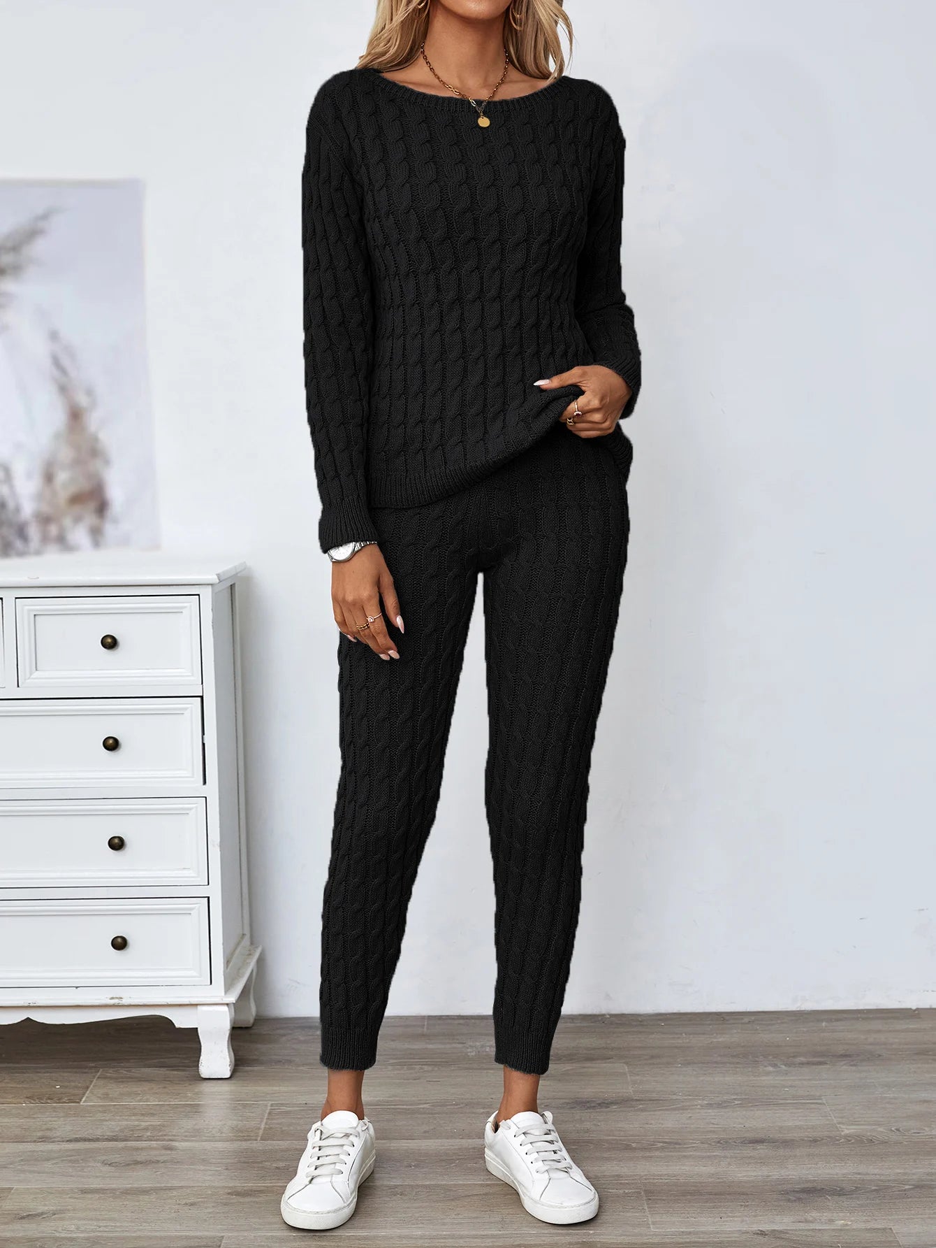 Solid Knitted Matching Two-piece Set  Casual Long Sleeve Sweater & Pants Outfits  Women's Clothing