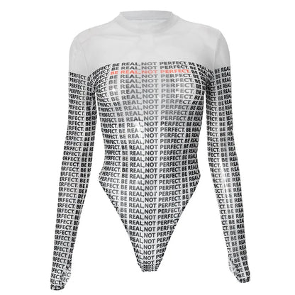 Shestyle Letter Printed Mesh Transparent Bodystui Women Panelled Newspaper Long Sleeve Round Neck T-Shirts Thong Beautiful Hot