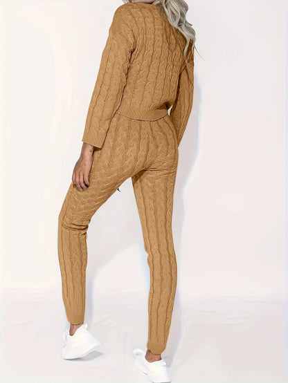 Solid Knitted Matching Two-piece Set  Casual Long Sleeve Sweater & Pants Outfits  Women's Clothing