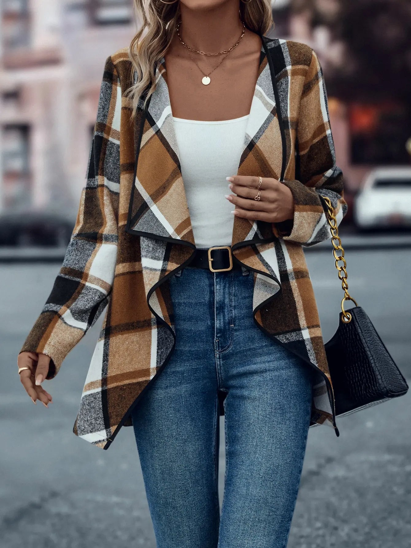 European and American cross-border women's fashionable and elegant plaid printed slim fit jacket