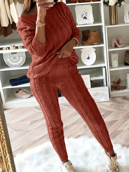 Solid Knitted Matching Two-piece Set  Casual Long Sleeve Sweater & Pants Outfits  Women's Clothing